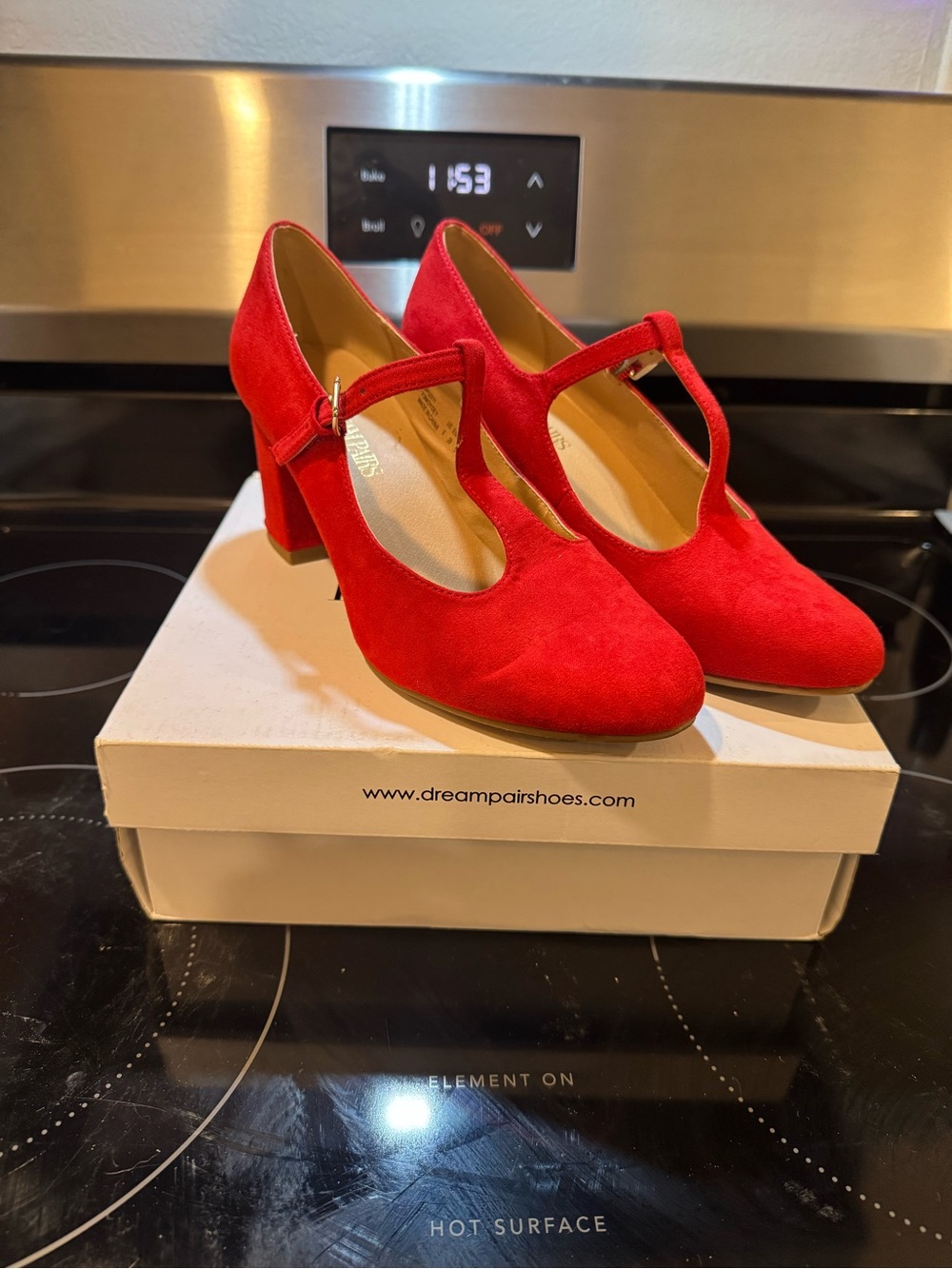 Dream Pairs Red Suede T-Strap Block Heels